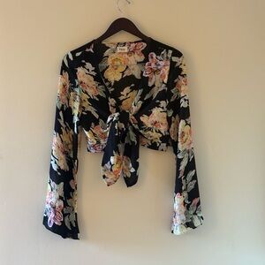 Tobi Floral Tie-Front Blouse - Black and Pink